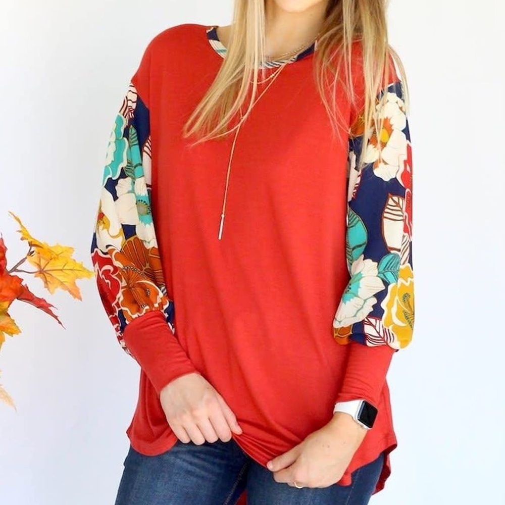 Vibrant Red Floral Sleeve Women's Top 1X 42pops